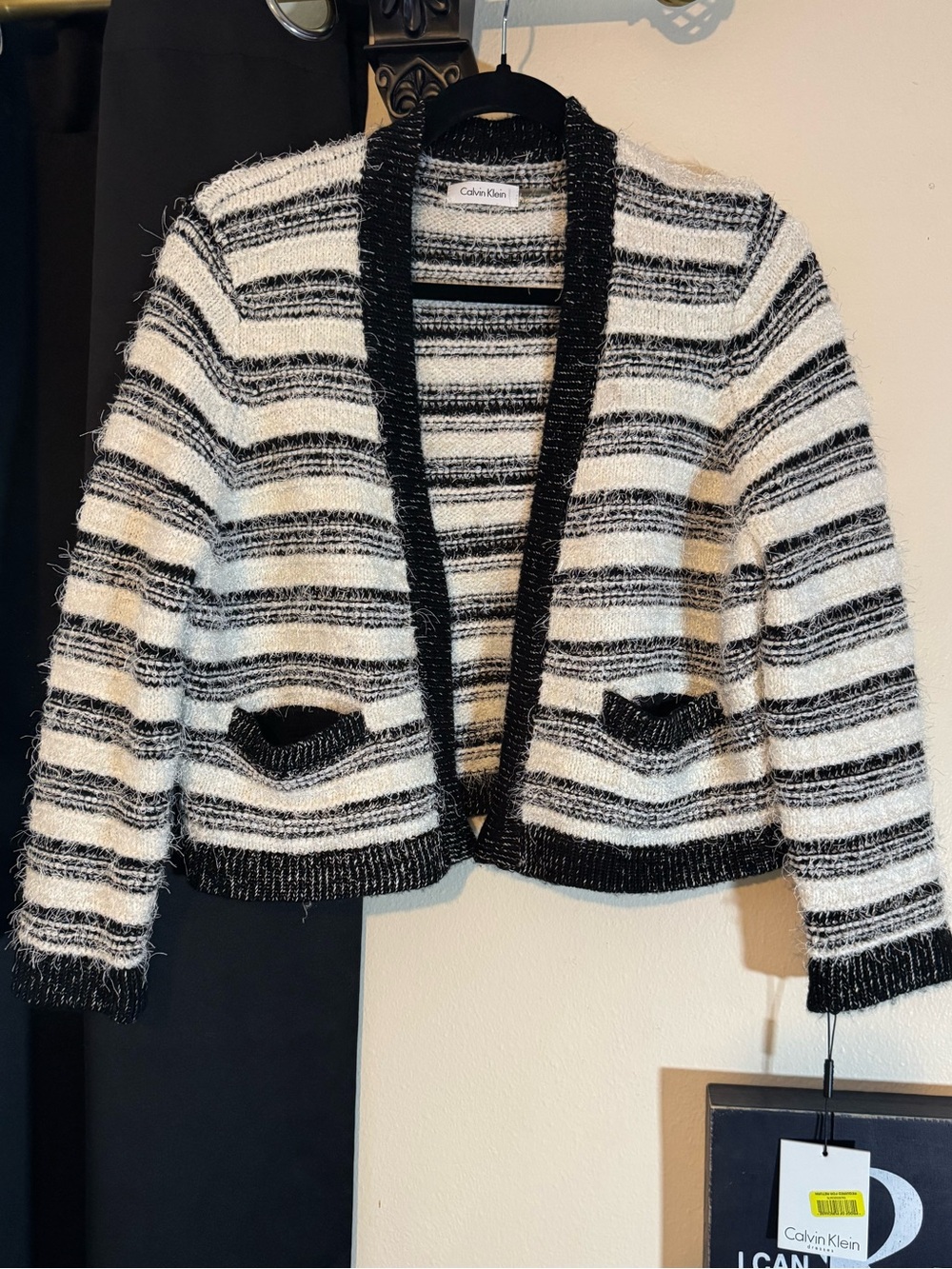 Calvin Klein Black and White Striped Bouclé Cropped Blazer